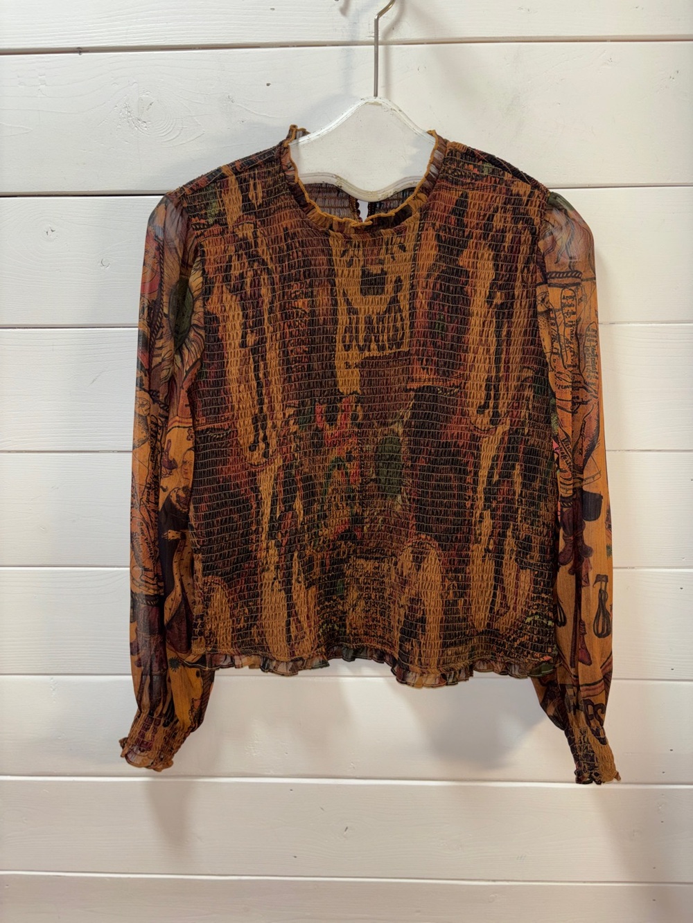 DESIGUAL Brown Printed Smocked Mesh Top Size XL - Picture 4 of 10